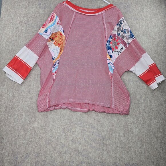 Unknown Tops - Red & White Patchwork Striped Loose Cotton Blend Top Size L